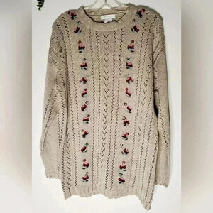 Jump Tricot Lenin Blend Beige  3D Embroidered Chunky Knit Sz L long Line Sweater